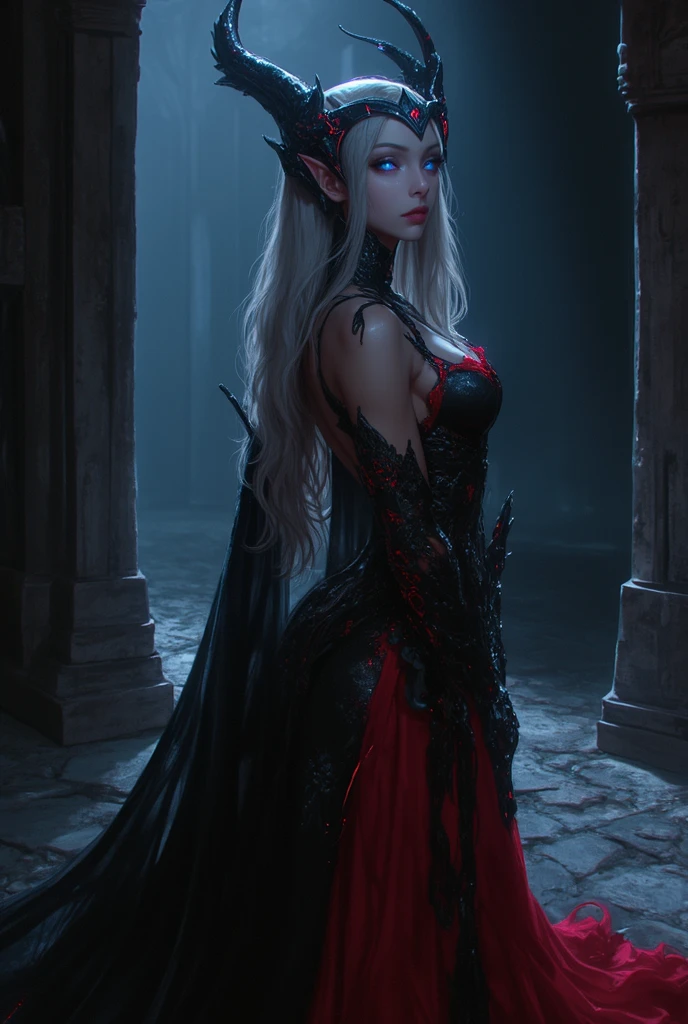 hyper realistic, 8k, award winning digital art, dark fantasy, dramatic lighting, full body shot, facing away, wide angle, back view, deep shadows, a vampiric goddess, extremely detailed skin, perfect blonde wavy hair, (A vampire goddess, she is using her supernatural powers to psychically manipulate blood, making it float around her), hemokinesis, (there are lots of blood lines floating around the environment, flowing towards the vampire goddess's hand), she is wearing a very intricate biological exoskeleton detailed with glass textures, the scene unfolds in a dungeon dimly illuminated by a red glow, pale blue and olive hues, mystical energy, dramatic lighting, chiaroscuro, moody atmosphere, cinematic composition, Yoshitaka Amano style