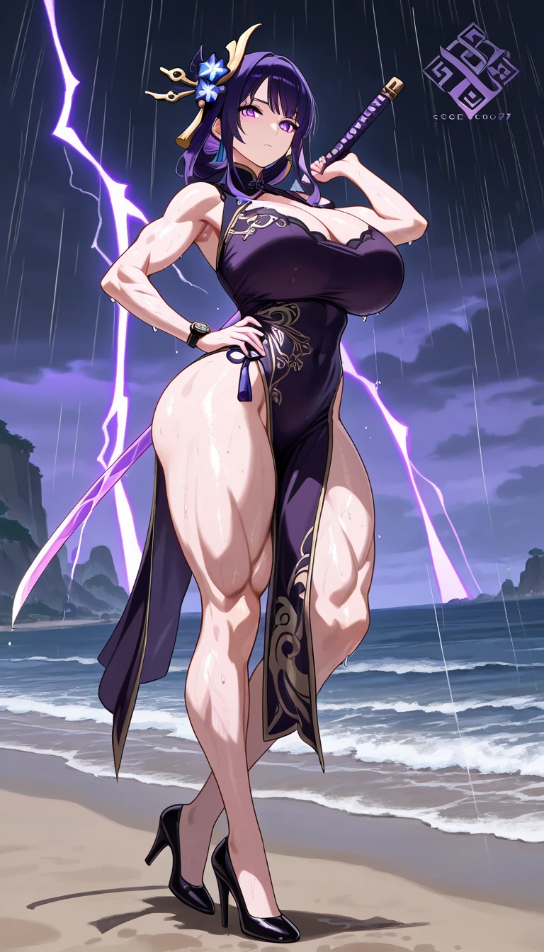 Very detailed、highest quality、Best image quality、masterpiece、8k、Anime Face、A kind smile、(Open your mouth:1.3)、Sparkling blue eyes、(Blonde medium hair:1.5)、(Muscles of the whole body:1.3)、(High leg:1.5)、Thigh belt、(Black high-cut bikini:1.5)、(Cowboy Shot:1.5)、(SFW Giant)、(Thick body:1.2)