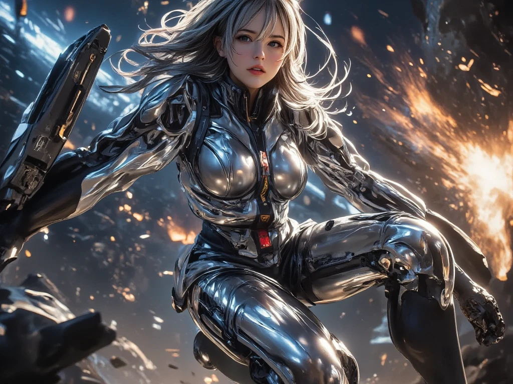 create a screen capture shot of sci-fi movie scene, a giant space ship crash scene, silver metallic space ship, floating people suspended in the air, Futuristic debris versus explosive flames in apocalyptic chaos. Capture metallic object and dynamic scenes, cinematic composition, dynamic angle, dramatic lighting, JK