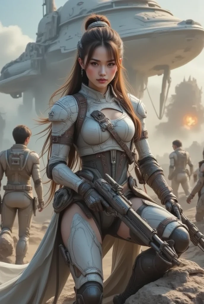 "Complete art masterpiece, high quality, ultra detailed in 4k, 8k, high resolution, hyper-realistic photo, hyper-detailed, realistic skin texture, amazing shadows, extremely detailed texture, perfect lighting, high-level image quality." A female heroine, (Fair skin, brown hair, chinese, outlined eyes, outlined face, gloves, thin body), wearing a one-piece leather tattered armor, dystopian wastland nuclear Fallout Future, crew on background