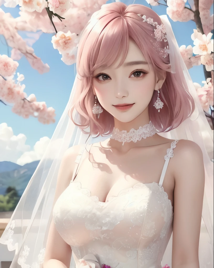 Sakura uchiha. a woman was standing in a room. she was seen wearing a white floral dress. with a bouquet of roses in her hand. he has short hair. pink. which breaks down. not tied. has skin as white as snow. with flushed red cheeks. and tiny red lips. he appears to be looking at the camera. so beautiful and realistic