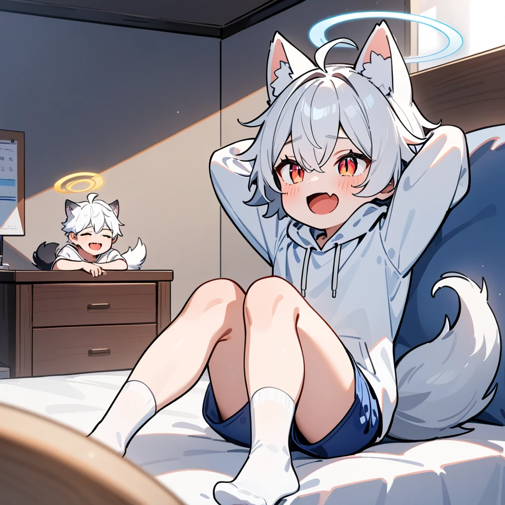 girl,hoodie,On the bed,Excited,Heterochromia Red Eyes Blue Eyes,Small breasts,Cat ear,Feline tail,girl2人,whole body,From below,lily
