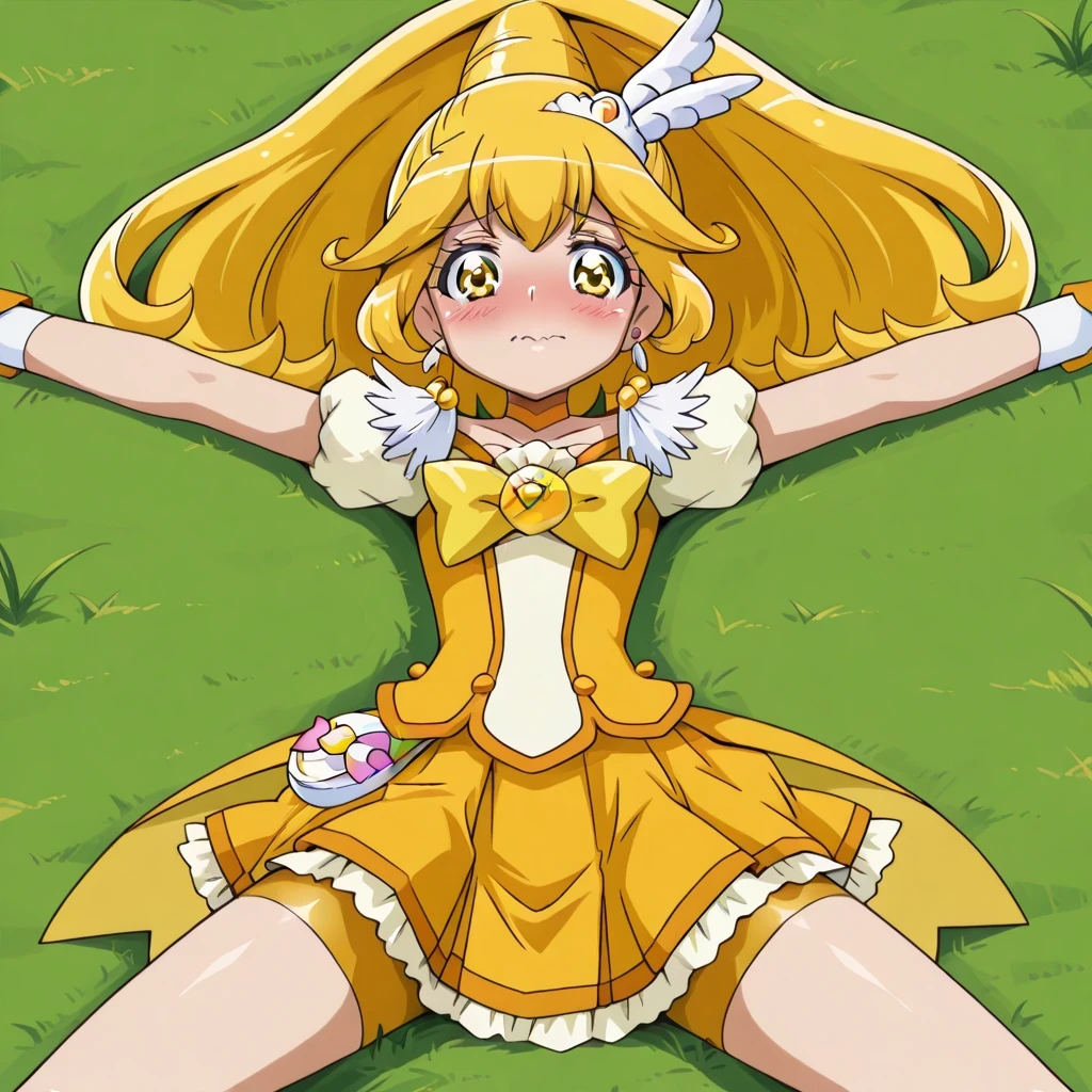 curesoleil, shiny skin, high quality, solo, lying, on back, arms up, spread arms, closed mouth, on grass, full-body, looking at viewer, full body shot, smile, best quality, , center, spread eagle,