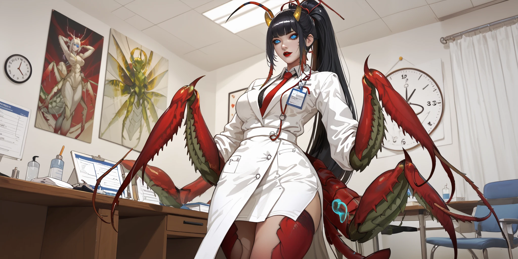 The monster woman is demon-incect hybrid, she is dressed in a doctor's costume: , white medical robe in oriental style, silicone gloves. Her arms are covered with chitin and shaped like mantis paws. She has a tail like an insect with many segmented legs like a centipede. There are two long horns on her head. she has black hair slanting bangs and long tall ponytail. She has expressive glowing blue eyes and black eyelids. She has red lipstick on her lips and she smiles mysteriously all the time. In the background : is a medical office of demonic hospital, in the room standing an anatomical model of a person, medical instruments are on the tables.