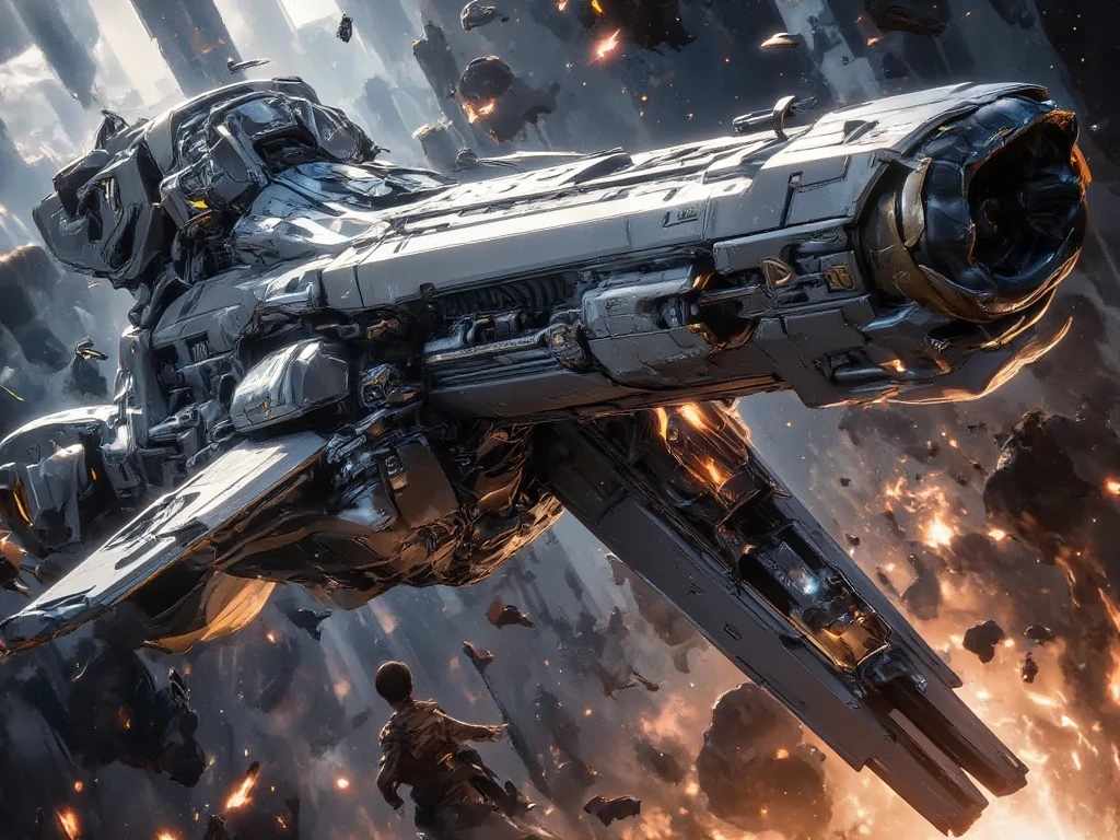 create a screen capture shot of sci-fi movie scene, a giant space ship crash scene, silver metallic space ship, floating people suspended in the air, Futuristic debris versus explosive flames in apocalyptic chaos. Capture metallic object and dynamic scenes, cinematic composition, dynamic angle, dramatic lighting, JK