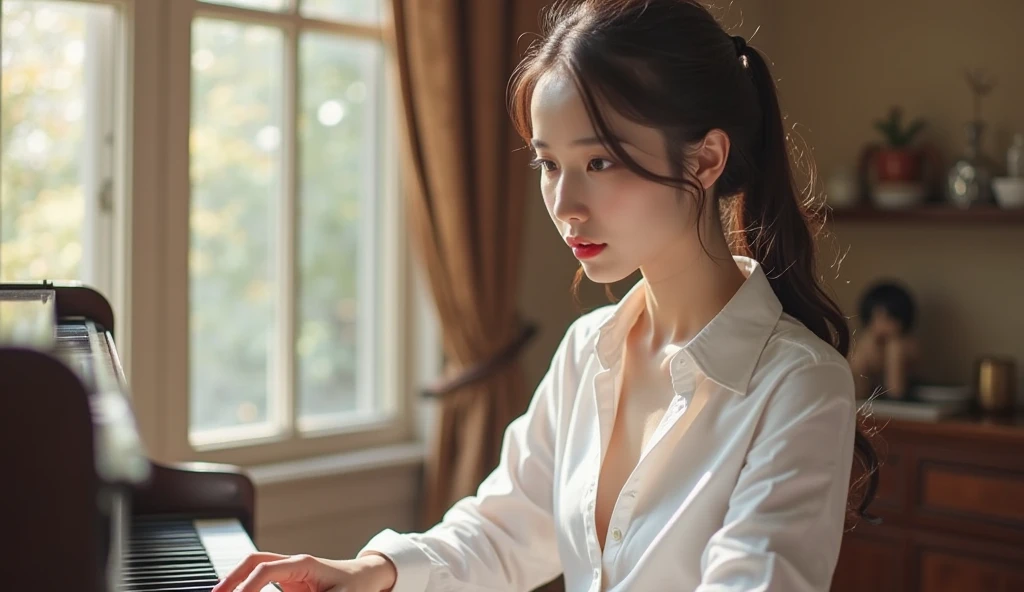 Portrait of a beautiful 18-year-old girl, Red hair, Gorgeous Chinese, Wearing cotton, At the door, (Dark private office, Dark melancholy light: 1.2)