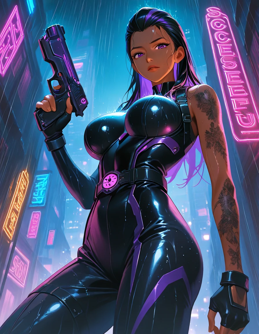 Jim Lee,
retrato, Mulher futurista em uma cidade futurista com uma arma e um capacete, Moda Cyberpunk, tem estilo cyberpunk, 1 garota, mulher de pele bronzeada, chubby physique, cabelo longo, Sozinho, ((noite)), cidade, ((Deixe-a nua))
((obra de arte))