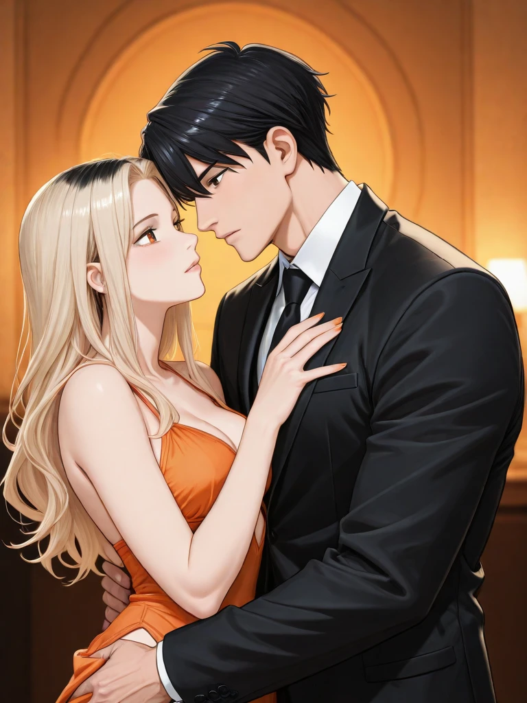 Woman and man sitting on a sofa wearing elegant clothes, realistic.