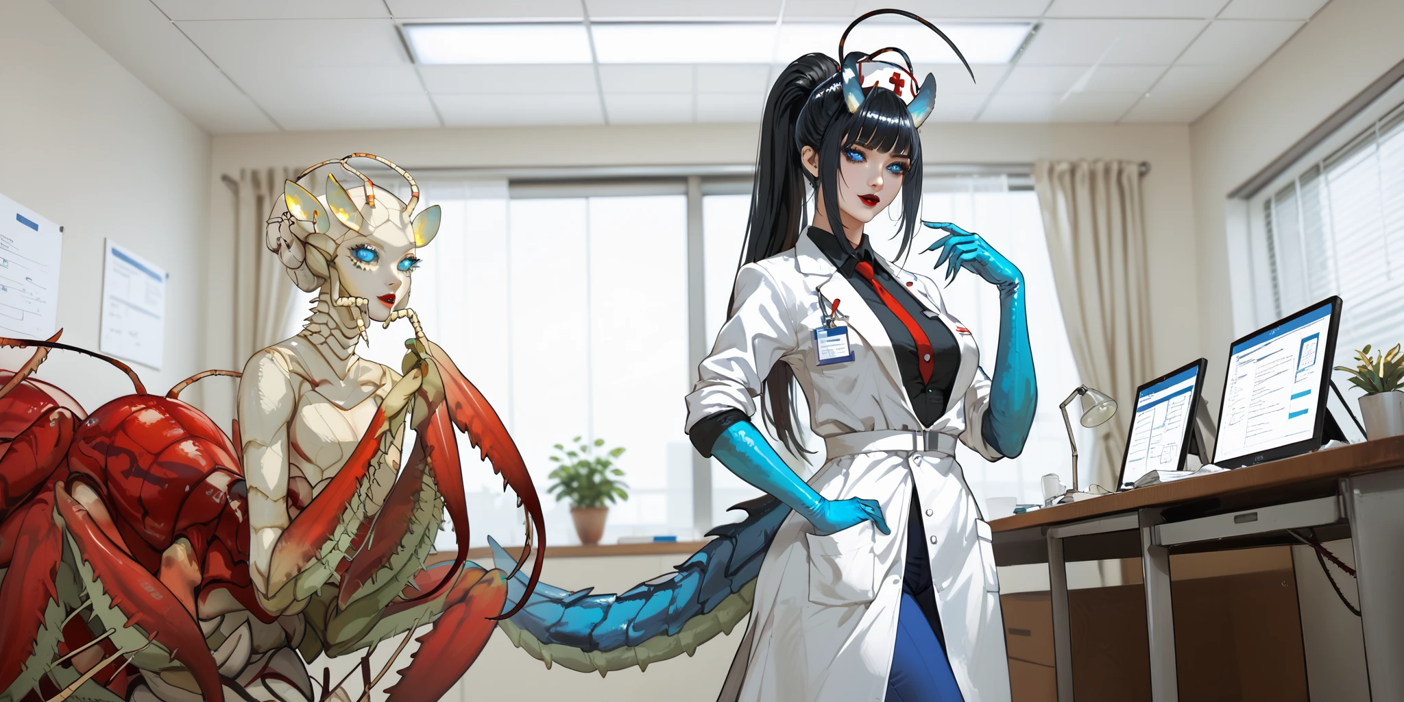 The woman is an demon/monster , she is dressed in a doctor's costume: blue capri pants , white medical robe, silicone gloves. She has long black centipede-like tail. She has a second pair of arms in the form of mantis paws. There are two long horns on her head. she has black hair slanting bangs and long tall ponytail. She has expressive glowing blue eyes and black eyelids. She has red lipstick on her lips and she smiles mysteriously all the time. In the background : is a medical office of demonic hospital, in the room standing an anatomical model of a person, medical instruments are on the tables.