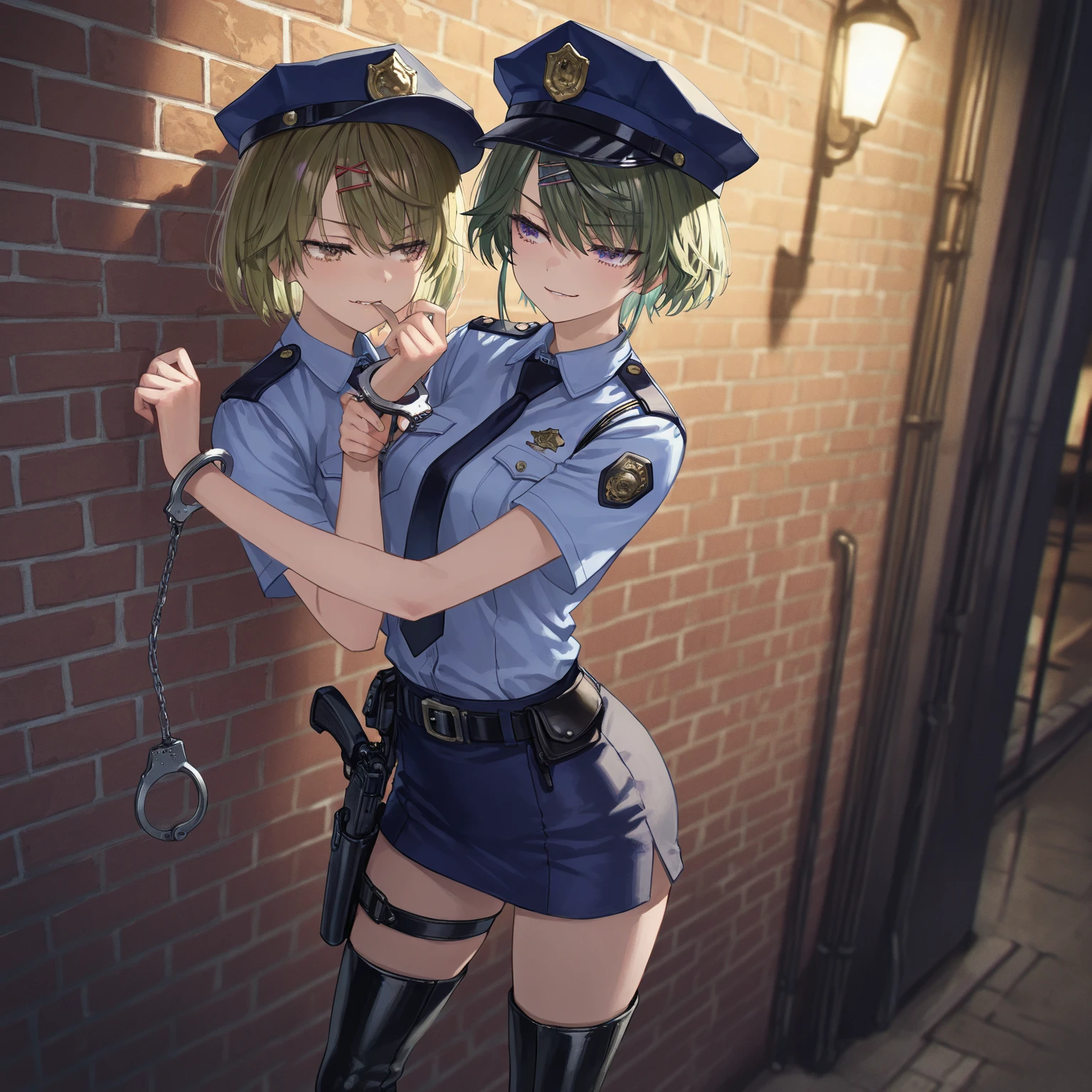 nsfw,(Tabletop:1.2, Highest quality:1.2), 32k HDR, High resolution, ((Two contrasting women)),((Two women in love)),((Two women hugging each other)),Japanese women,(Tattoo),Goth Punk Haircut, Flat bangs, Black lipstick, Medium chest, Earrings,Crouching posture,両足を開いてsquat,Show off your crotch,Both arms are chained,Handcuffs,Showing nipples,One is blonde,Dimly lit room,squat,Embarrassed, moist eyes,Sad expression,Looking into the camera,Very beautiful eyes, Flat Chest,Tragic,A fleeting expression,((Both have)),((The penis is growing)),((ejaculation)),((Rubbing the penis)),((Straight erect penis)),((全身にTattoo)),(Deep Kiss),(Constraints),(rope),(Bondage),(ropeで縛られている),(Tortoiseshell binding),commit,suck,lick,(Hanging),((Sailor suit)),classroom,((School)),(uniform),((Sailor suitの女生徒)),Highest quality、masterpiece、8K、Realistic、超High resolution、Very delicate and beautiful、High resolution、Cinema Lighting、medium range shooting、Perfect female body、Beautiful woman、Mature Woman、Beautiful Eyes、Cityscape、(Hime cut:1.8、Red eyes、short hair:1.8、Black Hair、Purple ribbon)、((Female police officer:1.4、紺色のFemale police officer、Female police officer'cap、Uniform Buttons、Navy blue tie、uniformジャケット、White gloves))、pantyhose、Pencil Skirt、Stiletto heel pumps、Police Badge、Epaulettes、