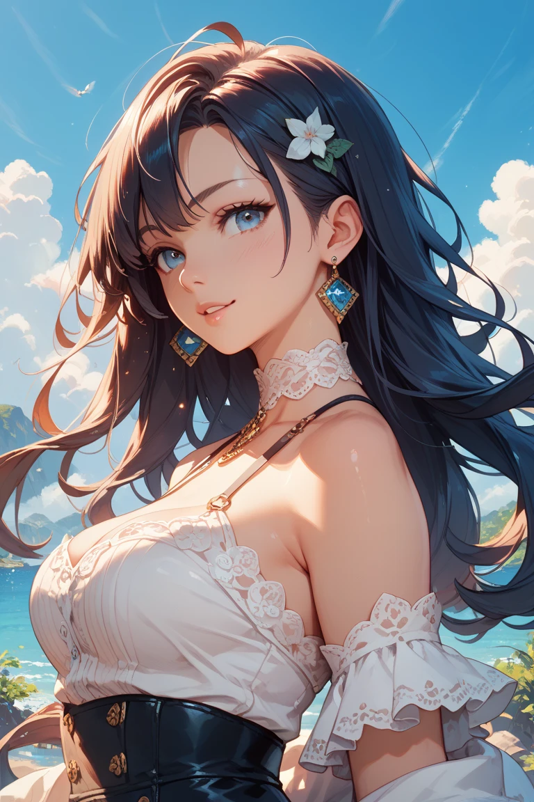 1 girl, (iridescent hair, colorful hair, half blue and half pink hair: 1.2), 17 years old, blue_sky, holding a magic wand, summer (season), petals_on_liquid, black cloak with hood, red and black torn dress, skirt: 1.2, (gold long curly hair: 1.5), sky, outdoor, clouds, bangs, smile, sky blue eyes, bare shoulders, perfect hands, Hand details, repaired fingers. Earrings, sea + background, looking_at_viewer, cowboy shot, top quality, rich detail, perfect image quality, sunrise
