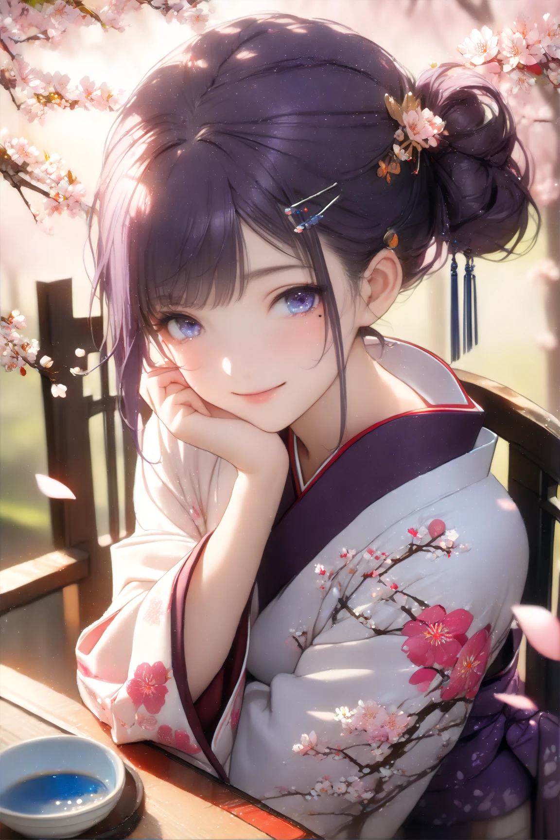 1 girl、Garden Table Surrounded by Cherry Blossom Trees、Beautiful woman in kimono sitting on a chair and putting her hands on her cheeks、angle from above:1.7、with a slightly sleepy, relaxed expression, looking at me, and smiling bewitchingly、Cherry Blossom Petals Dancing、Japanese sake on the table、slightly red cheeks、(Hairpin with dark purple hair tied up、Almond Eye with Ultramarine Blue Eyes、close your eyes half、Teardrop Mole、Pink gloss、natural makeup:1.3)、medium breasts、Shot close to the face、Soft light from between cherry trees 、 focus on chest、Thicker arms、fantastic and warm atmosphere、photo-like texture、warm tones and vivid color expression、(((masterpiece))、best quality、 very accurate、4K、8k、16k、high resolution:1.3)