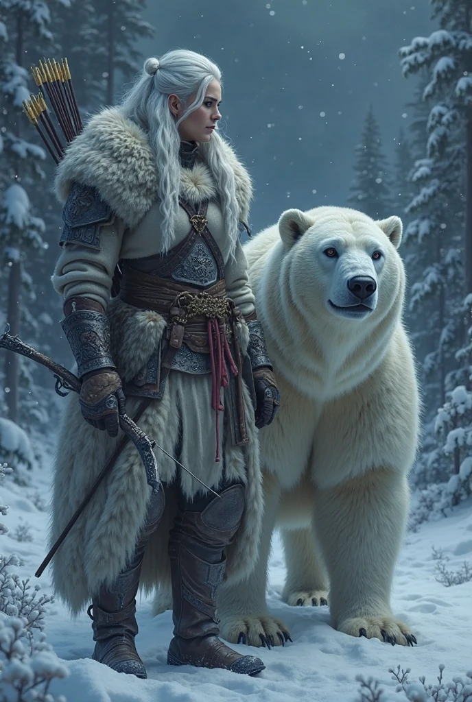 high details, best quality, 8k, [ultra detailed], masterpiece, best quality, (extremely detailed), dynamic angle, ultra wide shot, RAW, photorealistic, fantasy art, dnd art, rpg art, realistic art, a wide angle picture of a male human druid (1.5 intricate details, Masterpiece, best quality) and his pet white bear, priest of nature, cleric of nature, dnd druid, full body, [[anatomically correct]], dynamic position (1.5 intricate details, Masterpiece, best quality) talking to a white bear, polar bear (1.6 intricate details, Masterpiece, best quality) in arctic tundra, trees with snows, half frozen river, snow (1.5 intricate details, Masterpiece, best quality), a male wearing fur clothes (1.4 intricate details, Masterpiece, best quality), Ultra Detailed Face (1.4 intricate details, Masterpiece, best quality), fur boots, thick hair, long hair, blond hair, pale skin intense fair eyes, arctic background (intense details), dynamic light, dynamic angle, (1.4 intricate details, Masterpiece, best quality) 3D rendering, high details, best quality, highres, ultra wide angle