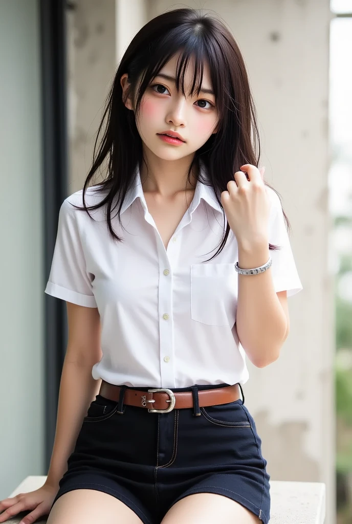 bright表情、Photorealistic:1.32、highest quality、超A high resolution、最も美しい日本のgirlの写真、Cute and beautiful face details、Small Face、美しいbangs、14 years old、Radiant, fair, glowing skin、Hair gets tangled in the face、(girl1Only people:1.3)、顔まで伸びるbangs、bangs、Hair between the eyes、Attractive brown silky hair、bright、Her clear eyes shine charmingly、Cute pose、highest quality、Disorganized、((The cutest girl in the world))、Japanese、((School uniform summer clothes:1.3))、(High waist pleated skirt)、Newest Brands、(Half Side Up:1.3)、(Thin ribbon)、Nice and cute、An innocent smile、nice smile、Cleavage、(Large Breasts:1.3)、(Posing cutely:1.3)、Brown Hair、Small waist、Detailed beautiful eyes、View your viewers、Upper Body、Close-up of face、Front view、
