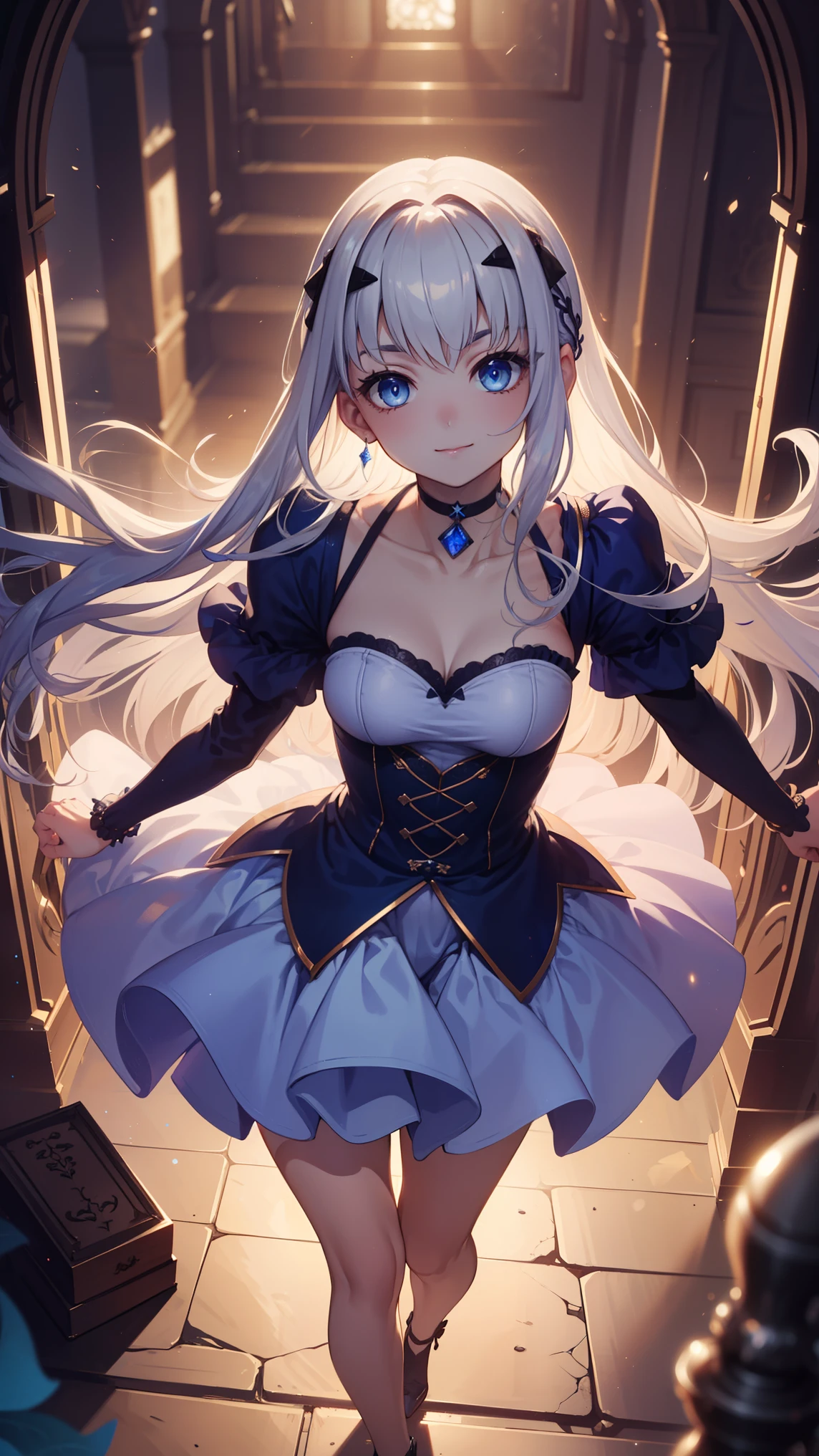 ( is of the highest quality,4K, 8,000, high resolution, masterpiece :1.2), super fine, girl ,Holy,( long silver white hair ), blue eyes ,obsessed, Elegant posture , Fun ,in love, Lovely cloth , Detailed clothes , Cute magical girl , ( double bomb , Silver straight hair ), Smile, compensate, blue eyes, Large percentage , white gothic bear top dress , choker, Dark Basement Background, (Ultra precise, Absolute determination, best quality:1.3), 2.5D, Delicate and Dynamic, Art photos, super realistic , graphic CG digital cartoon style art,The luminous effect of sapphire