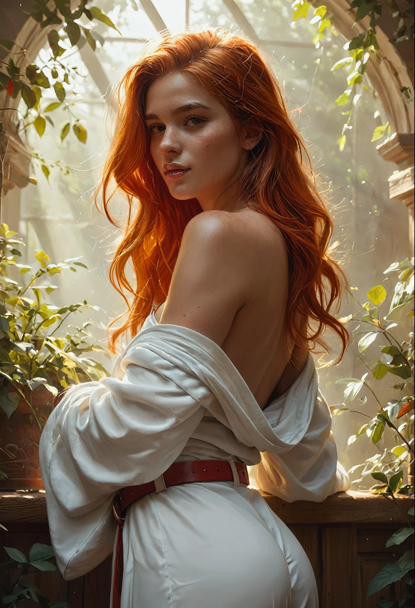 score_9, score_8_up, score_8. score_9, score_8_up, 1girl,
Facing viewer, sexy, butt, ginger hair, red tones, eyes open, white Robe, loose Sleeve with white Belt, delicately against skin,