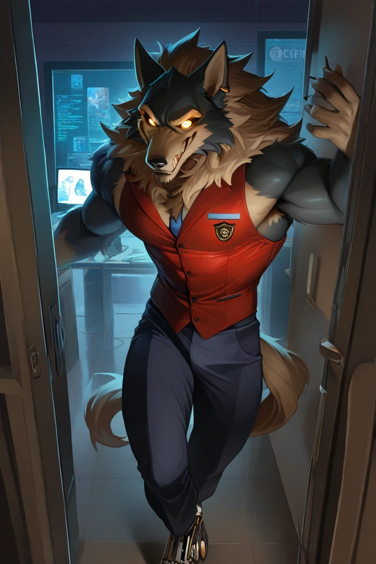 Security officer Dyne is in his office, looking at the many video monitors of Freddy Fazbear's pizzeria. Animatronic Cornelius is sneaking up him!!! BREAK Dyne is a black werewolf furry anthro fazbear security guard. He is smaller than Cornelius. couple, duo, 2 characters.
g score_9, score_8_up, score_7_up, score_6_up, dynamic pose,masterpiece,anthro, (Cornelius, Male, furry, Lion anthro, Medium muscular lion, no mane, brown, light brown lion, feline, long brown pony tail hair, lion ears, wearing tiny gold round glasses, , hands, standing, posing, good , arms, male , perfect , perfect body no defects, hands, 5 fingers, perfect hands, completely perfect body, 4k (Realistic eye details 1.2), fluffy fur, source anime, best quality, anthro, A muscular lion man with a strong build. He has a well-defined jawline and a serious expression. His fur is brown, pony tail long, and he has no mane, Mature male, anthro, feline, animatronic, robot, good drawn sharp teeth, no blur, red body, claws,sharp teeth, gold tooth, gold (metal),shredded ears, animal ears,ear piercing,jewlery, animatronic, robust body, friendly appearance, blue and white metallic fur, red vest, and gold accents, glowing eyes, warm smile, big dumb smile, Highly detailed, white sclera, yellow eyes, male,countershade,fur,white sclera,tall male,hairy male,one hooked hand,muscular male,damaged body,black robotic legs,damaged pec,high angle,close up. Fnaf, Pizzeria security office background. by null-ghost, masterpiece, best quality , furry, wolf, Two tons of fur, ( black fur :0.8), Broad shoulders, Narrow waist, monitors, camera, night, High Quality, Masterpiece, beautiful, s drawings on wall, cupcake on the shelf, guard tools, fan, various small Freddy Fazbear plushies, messy office, open door to pure darkness