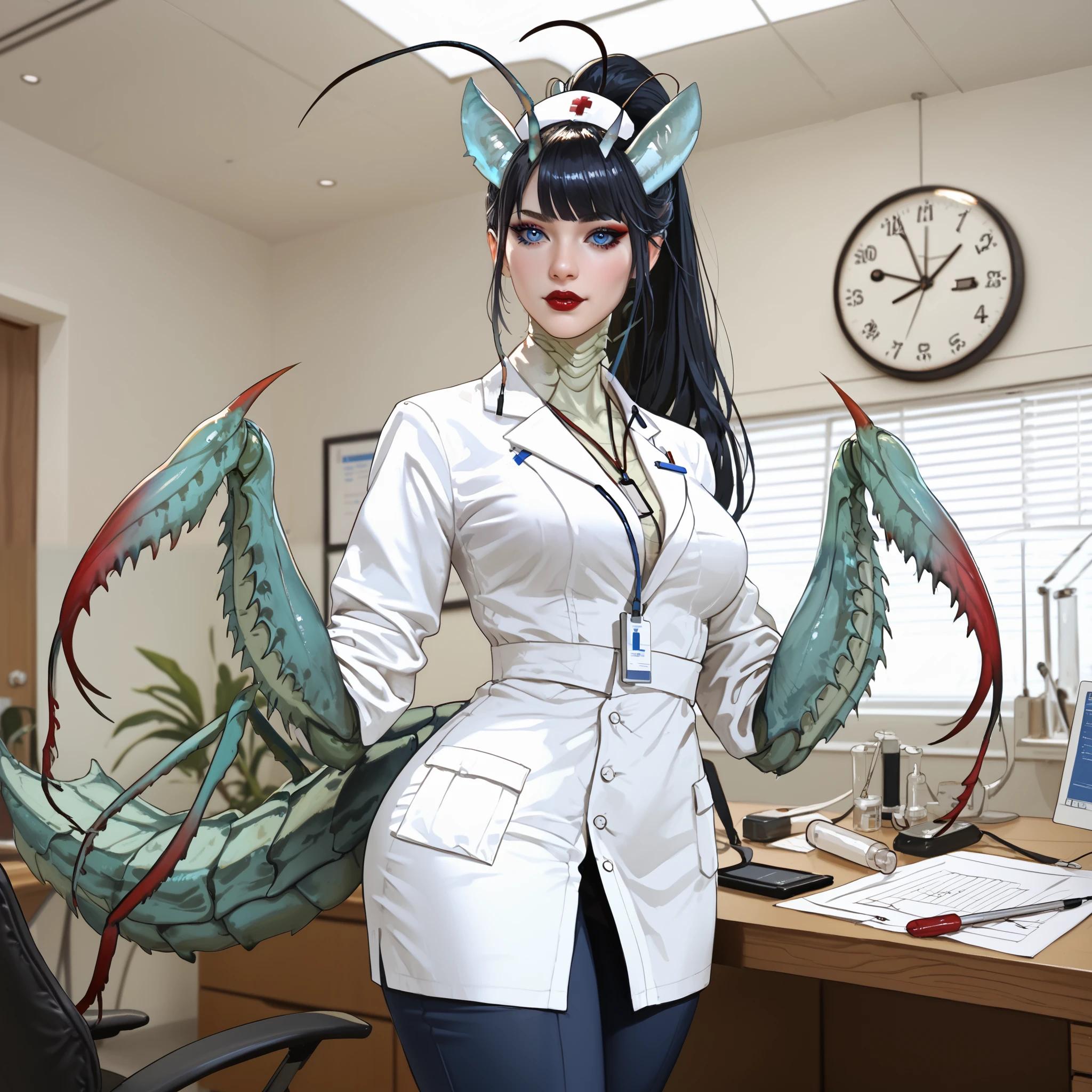 The woman is an demon/monster , she is dressed in a doctor's costume: blue capri pants , white medical robe, silicone gloves. She has long black centipede-like tail. She has a second pair of arms coated with chitin and have a form of mantis paws. There are two long horns on her head. she has black hair slanting bangs and long tall ponytail. She has expressive glowing blue eyes and black eyelids. She has red lipstick on her lips and she smiles mysteriously all the time. In the background : is a medical office of demonic hospital, in the room standing an anatomical model of a person, medical instruments are on the tables.