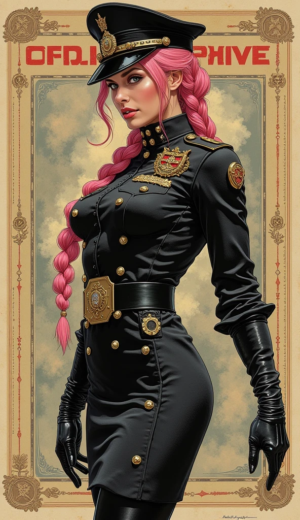 the proportions and detailed textures multicolor brushwork and softened with airbrush, semi-realistic ink china illustration of a strong and beautiful young girl in a steampunk style police uniform and epic fantasy (full body pose, with a confident and daring stance, Full lips and defined eyebrows, thick thighs, huge round breasts, wide hips, thin and high waist, flat stomach) Her long, straight pink hair is tied into a (long) braid that falls down her back. Her uniform consists of a black shirt beautifully decorated with military orders, decorations and medals, a tight, high-waisted, finely tailored knee-length pencil skirt, and an officer's beret decorated with a military police badge. In the background is a recruitment poster for the army, all in a steampunk and World War II style. The composition, halfway between vintage and punk, of the overall image is clean, defined and of high quality. balanced saturation in the color palettes very defined (color with monochrome shading and shine tones of red 25% + yellow 25% + blue 25% + biofluorescent 12.5% + transparencias 12.5%. Aesthetic fusion by (Fibonacci ratio.  Young girl (Her skin pink with various shades of dark-beige that give contrast and brightness character) style. A poupée realiste of a young office's police. haute couture photoshoot (Full body in a movement position with hands and legs in a dynamic pose). Fluid texture of fine, thin fabric that molds to your body (Her clothes with relief and folds give volume and depth to the character). Sharp Highly Detailed Soft Focus, Approaching Perfection, Full HD 8K, High and Low Angles. of Gianni Versace, Coco Chanel, Alberto Vargas, Greg Rutkowsk art style fusion.

.

