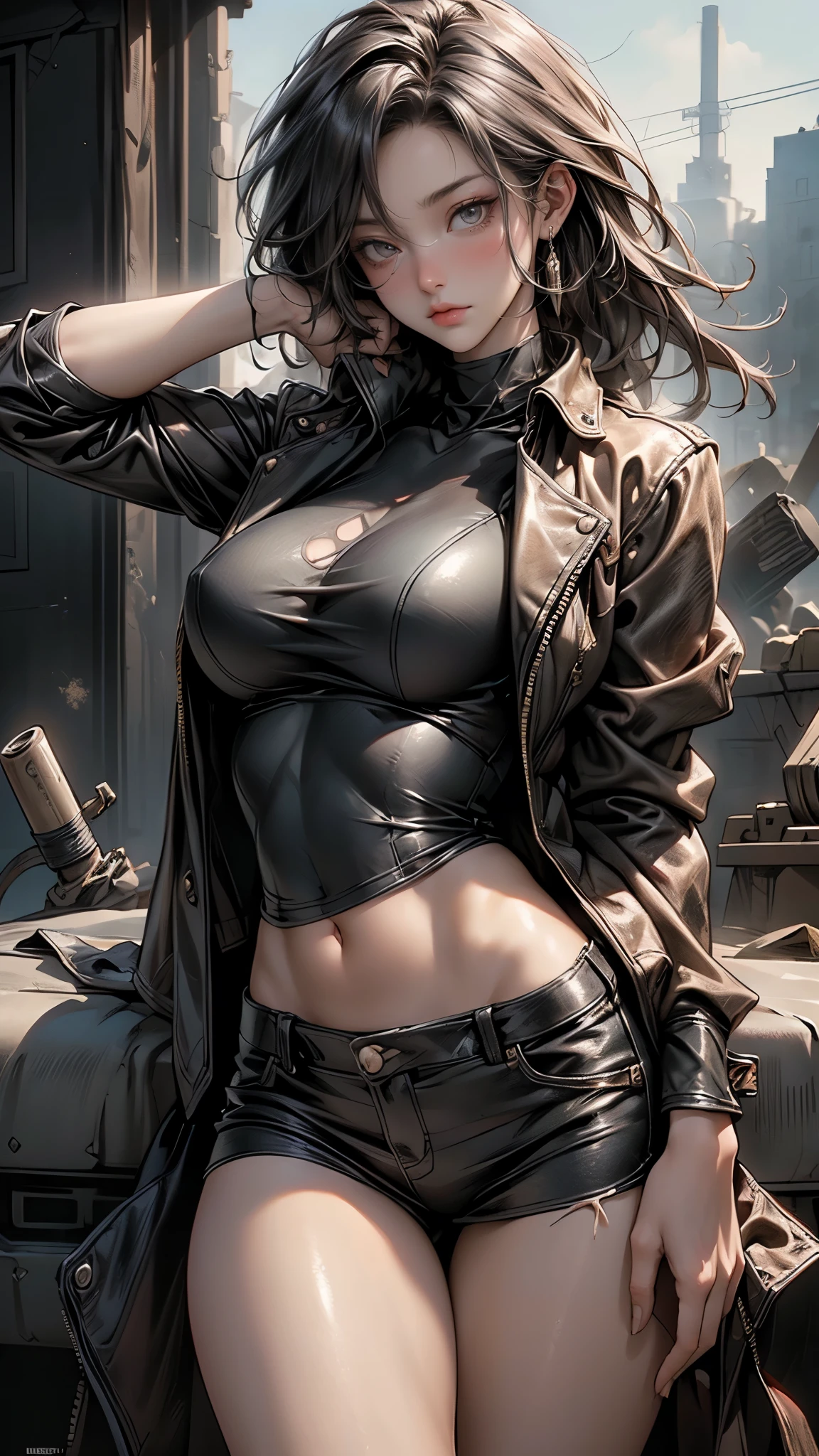 (Masterpiece, Best Quality, Details Shiny Skin: 1.2), Flawless, 8k, RAW, High Resolution, (1 Girl: 1.3), Realistic Textures, Naked, Leather jacket, Perfect big Breasts, Bare Shoulders, Belly Button, Areola, black Hair, Long Hair, Straight Hair, green eyes, Wavy Updo, Olive Skin, High Quality Face