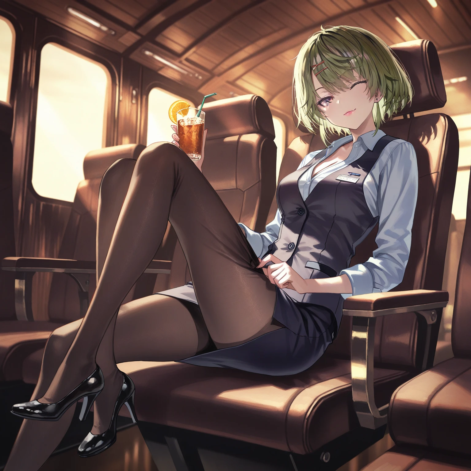 Short haircut、Blonde、tits、Cabin attendant、garter belt、Open your legs while crouching、Perfect body