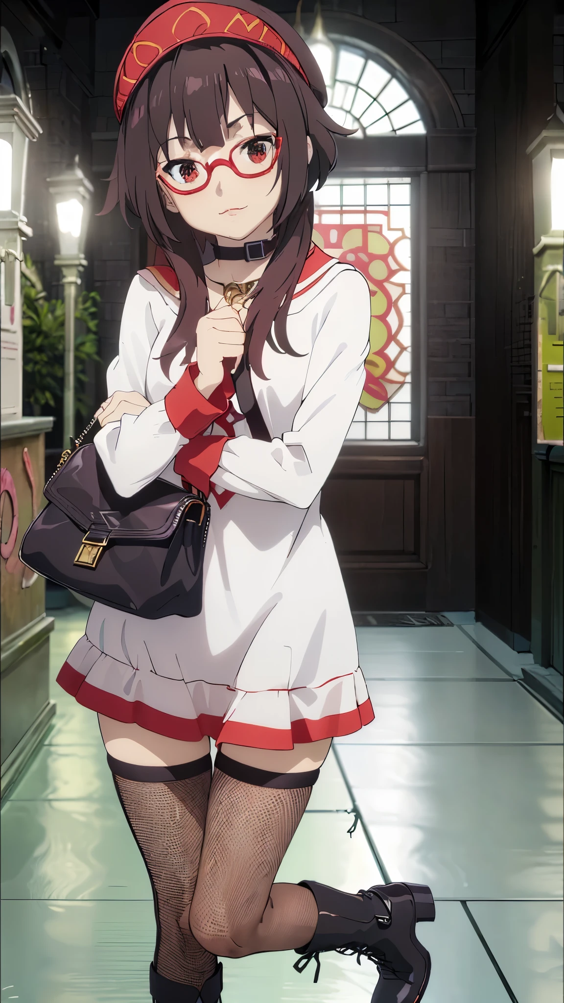 ((Masterpiece,Best Quality, Purah, brown Eyes, Red Headband, Hair Ornament, Hair Sticks, Red Glasses, shy, Smug)), ((pink lipstick, Extremely detailed, ambient soft lighting, 4k, perfect eyes, a perfect face, perfect lighting, a 1girl)), ((fitness,, shapely body, athletic body, toned body)), ((white shirt, long sleeve, black shorts, black boots, fishnet tights, black bag, favela, gold jewelry))
