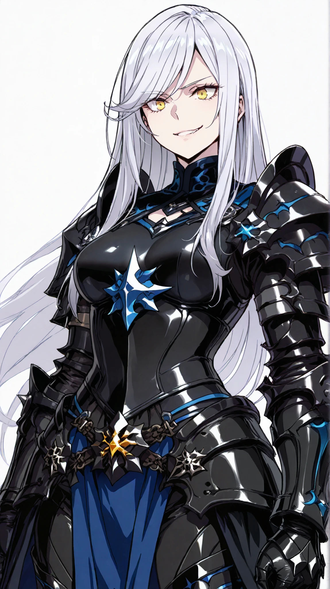 absurdres, (((HD))), (((Ultra High Quality))), ((hyper detailed)), ((Ultra High Resolution)), (Highly rendered), ((detailed eyes)), (((8K))), ((perfect face)), ((masterpiece)), 1girl, tall, silver color, long hair, swept bangs, yellow eyes, smirk, medium breasts, armored, black armor, black chest armor, blue accents, armor armor, clawed gloves, black pants, leg armor, simple background, white background