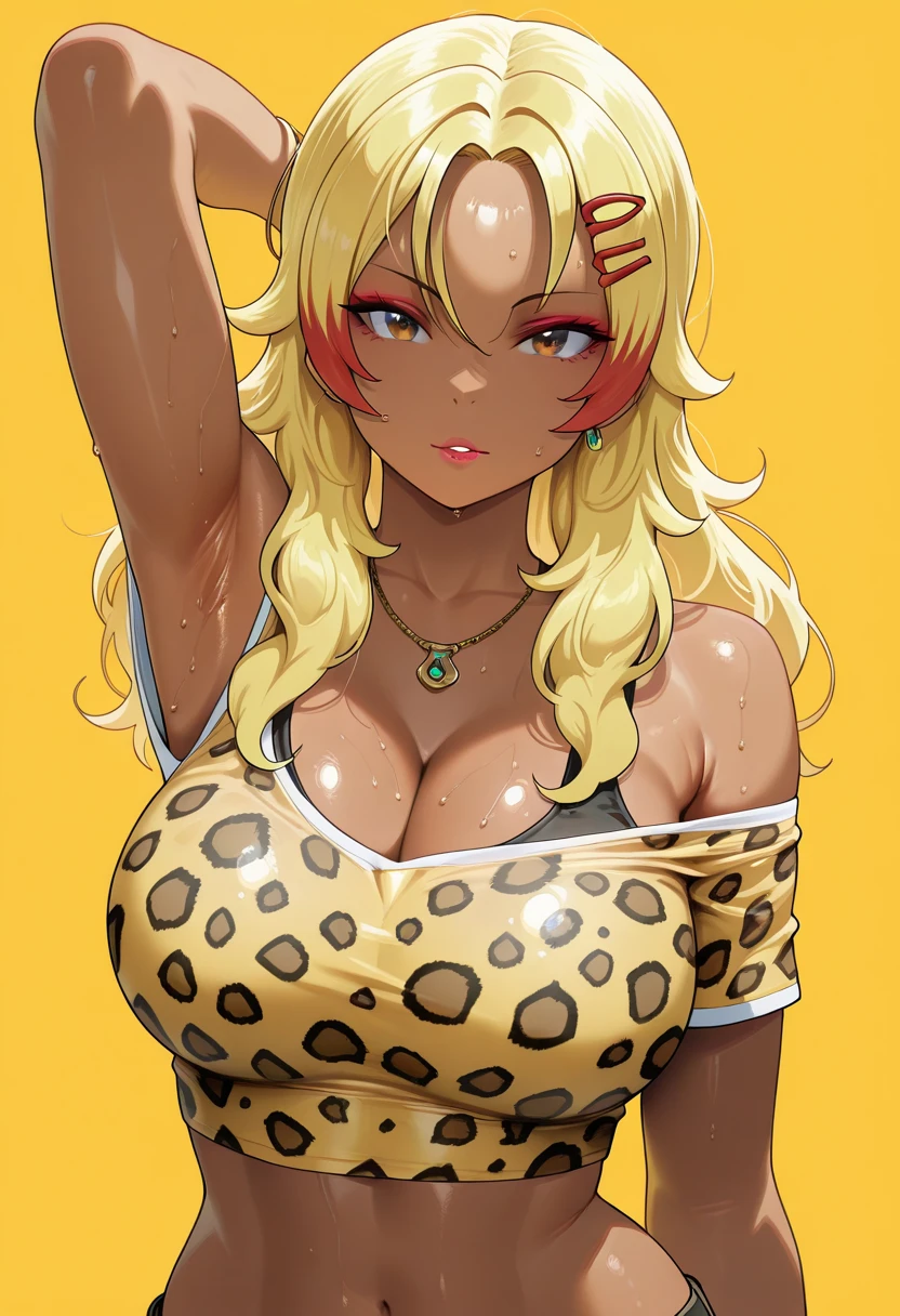 Blonde And Short hair ,dark skin with bikini Tanlines, gyaru girl , yellow colour panther print bikini, huge chest , tomboy , milf