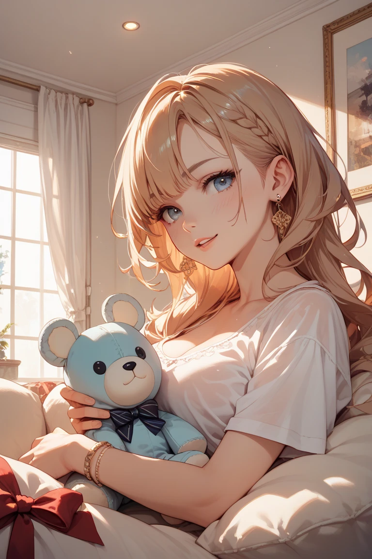 Girl, blonde, clear skin, blue eyes, naked hugging a teddy bear