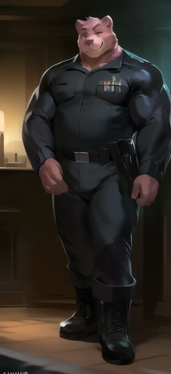 Content: A tall, brown-skinned man with a muscular frame stands confidently in a black military outfit. His short, spiky black hair complements his striking green eyes, which are filled with intensity. Scars mark his face, adding to his rugged and battle-hardened appearance. He wears black leather combat boots that enhance his imposing presence. His stance is firm and authoritative, exuding strength and determination.
Medium: Digital art, character illustration.
Style: Inspired by military-themed anime and video games, with a focus on realistic yet stylized details. The art style captures the essence of a seasoned soldier, combining elements of anime character design with a gritty, realistic touch.
Lighting: Dramatic lighting with strong contrasts to highlight the man’s muscular frame and the details of his military outfit. Shadows play across his scars and facial features, emphasizing his rugged appearance.
Colours: A monochromatic palette dominated by shades of black and dark gray, with subtle highlights to bring out the textures of his outfit and the green of his eyes.
Composition: A full-body shot with a 50mm lens, focusing on the man’s imposing figure. The background is simple and dark, ensuring that the focus remains on his powerful presence and detailed design.