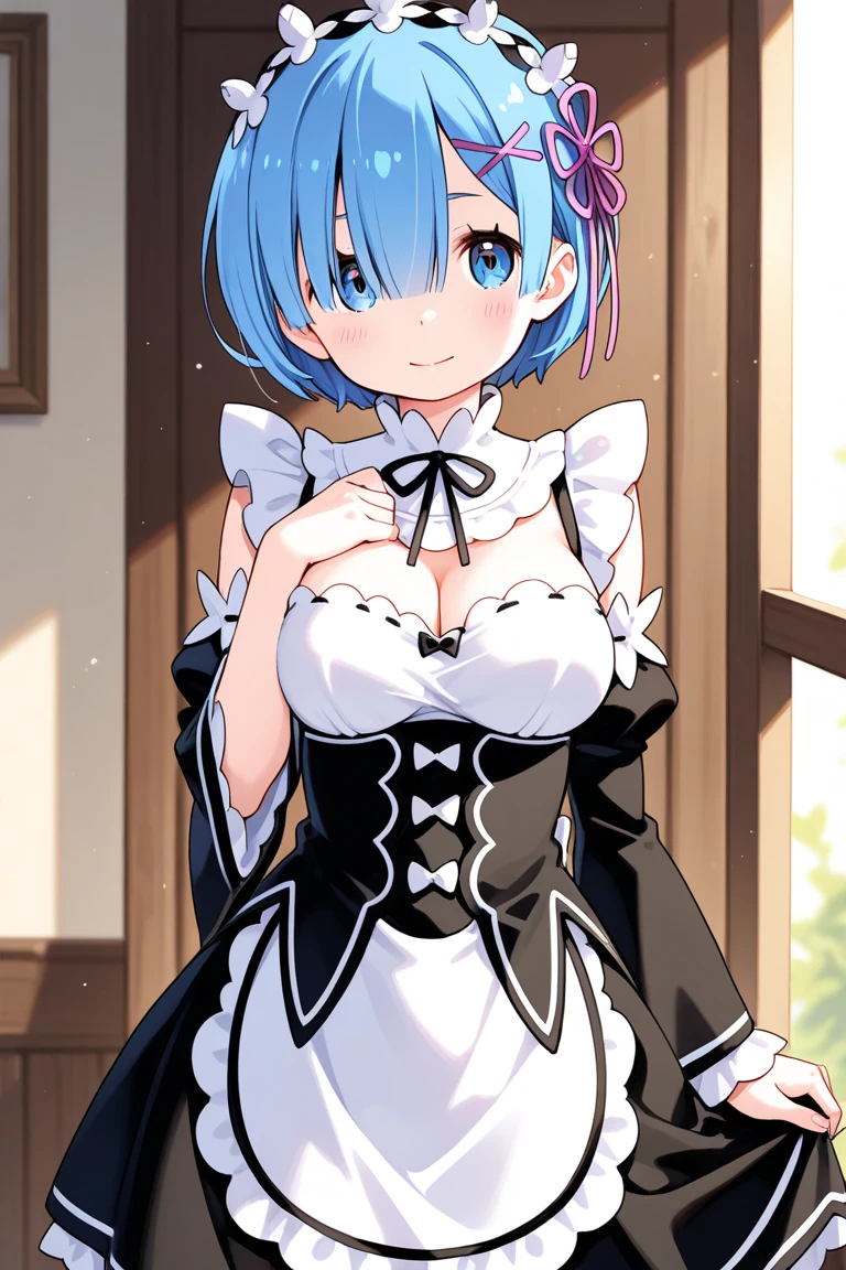 Rem,masterpiece, best quality, highres, aarem, short hair, maid headdress, x hair ornament, hair ribbon, hair over one eye, large breasts, frills, neck ribbon, cleavage, dress, detached sleeves, white apron, waist apron, white pantyhose, standing, cowboy shot, smile, indoors, v arms, hand between legs, skirt lift,((pussy))