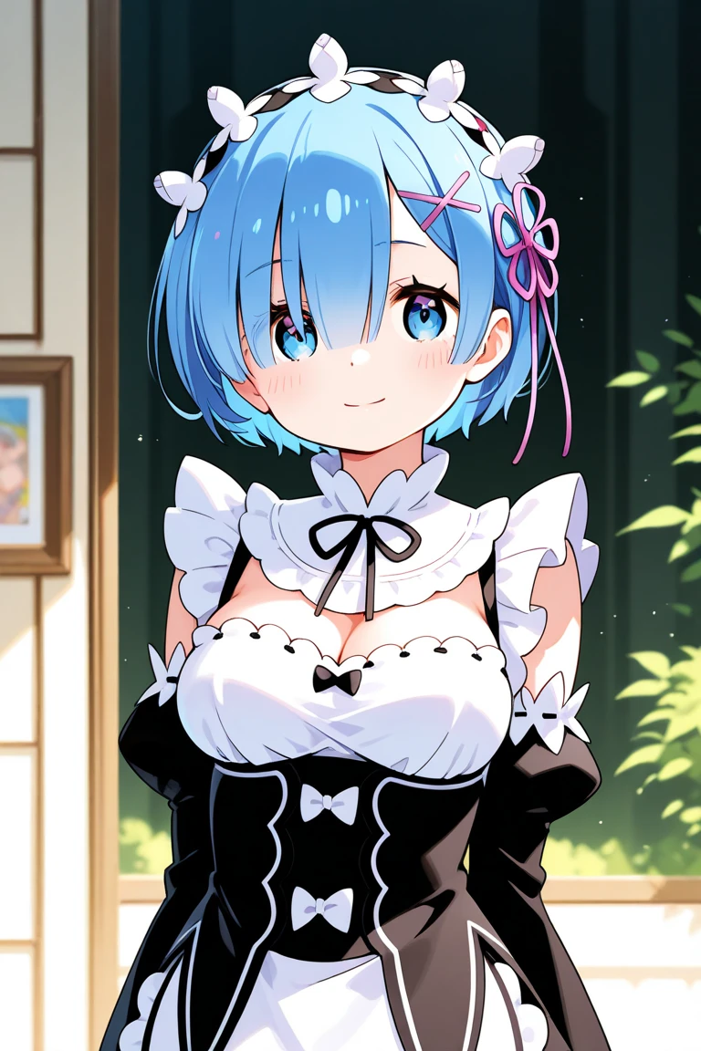 masterpiece, best quality, 1 girl, detailed beautiful face, short hair, blue hair, headband, smiling, maid costume, embarrassed, blush, bent over, downblouse, big breast