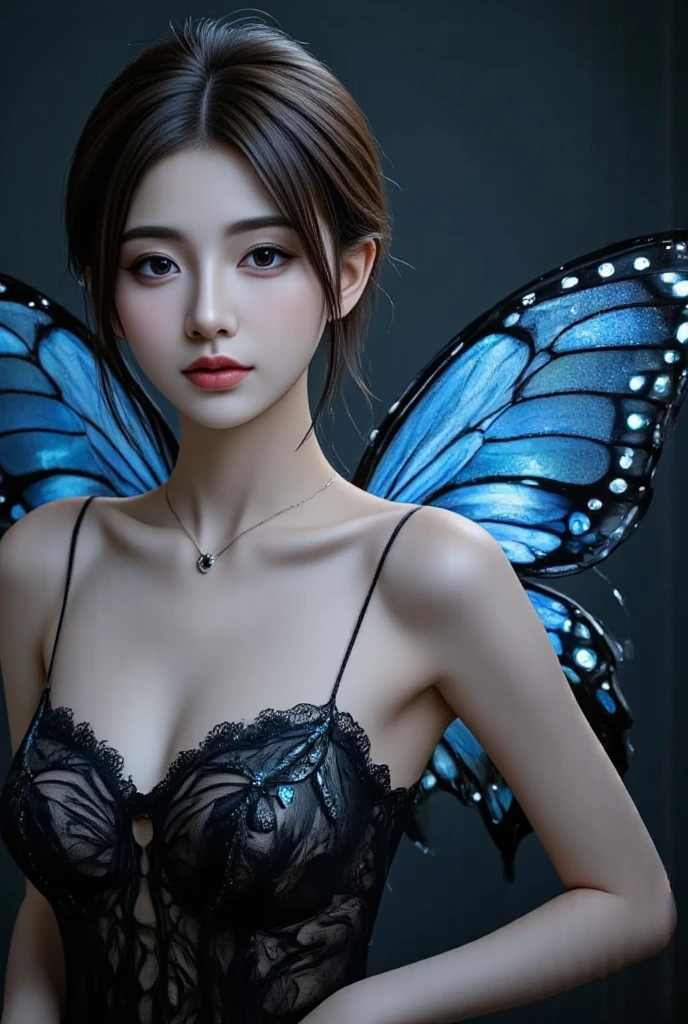 score_9,score_8_superior,score_7_superior, 1girl, solo, (long hair: 1.1), breasts, blue eyes, black hair, hair accessories, stockings, ribbons, mid-bust, tulle slit bra, tulle side-tie panties, slit Sleeves, wings, butterfly wings, (lavender pink silver theme), (clothing transparency: 1.3), (tulle material), (dynamic angle)