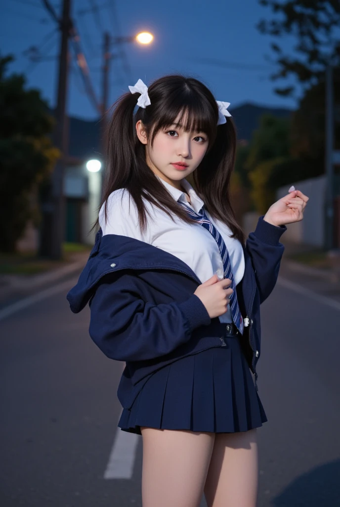 1 Female、(so beautiful)、(Beautiful Face:1.5)、The outline of the pubic area is clear、squat、Spread your legs、(White panties:1.4)、(High School Uniform)、(Dark blue pleated skirt)、(Wear black loafers)、(Shibuya sidewalk at night)、Neon Signs、(At S.F.W.:1.1)