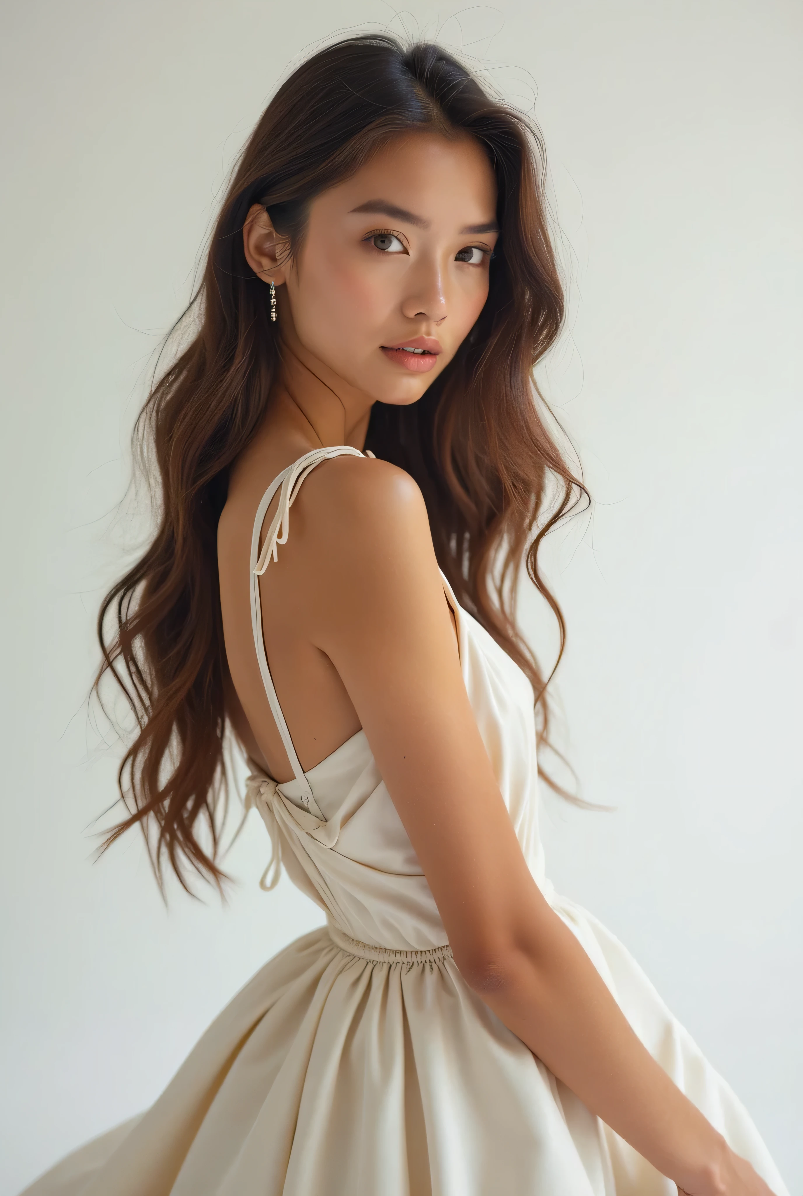 A woman in a white dress posing for a picture - SeaArt AI