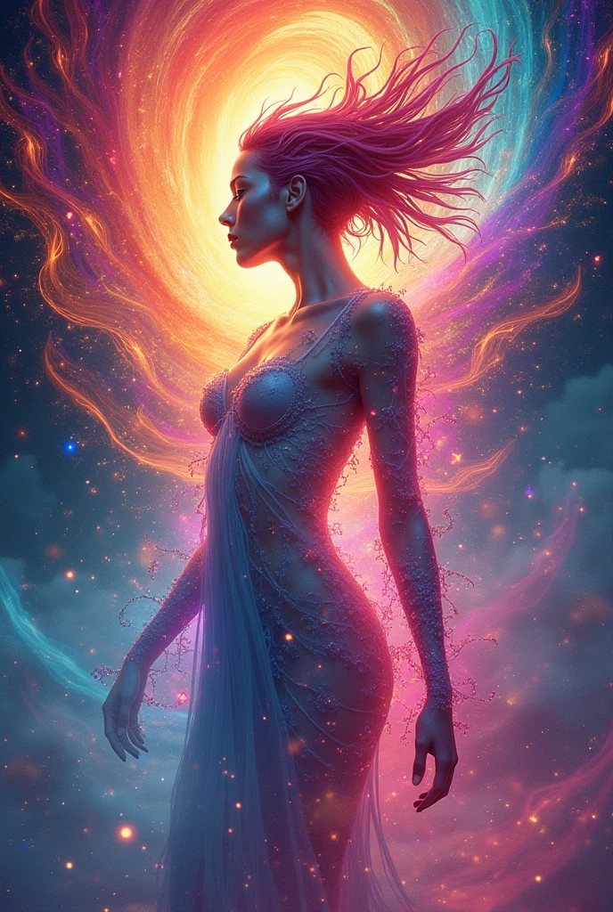 inconceivable and spectacular a scene of emergence of a figure from the glowing cloud, fractal nebula threads, cosmic entities, celestial, cosmic, vibrant and vivid, swirls, twirling, unrealistic, high contrast, symobolism, magical, mystical, mystifying, hyperrealistic, oversaturate, colorfully