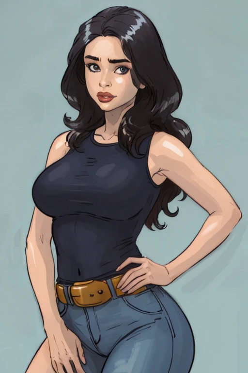 gorgeous woman, vintage pin up, leather jacket, blue-black hair, denim skirt, short skirt, boots
