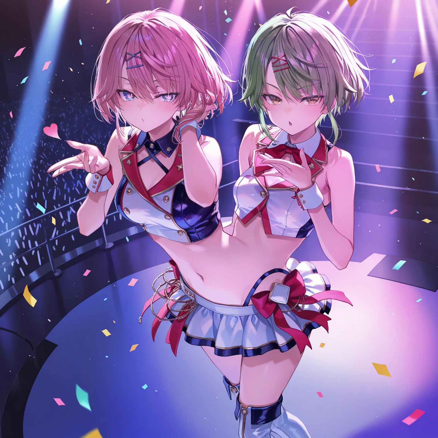 highest quality,wonderful,masterpiece,delicate,ultra high resolution,Super detailed,intricate details,beautiful,8K resolution,(Highly detailed CG Unity 8k wallpaper),sharp focus、2 people、A woman with dark green hair and a woman with purple hair、short hair、medium hair、vivid hair、Shaggy hair、messy hair、Cat ear、vivid skin、Glossy skin、 face、lolita、short、kawaii、beautiful瞳、sexy、Pleasure、happiness、thighs、sweaty、Sweat is dripping、Idol、Idol衣装、ruffle blouse、ruffle skirt、same clothes、lesbian、lily、hug、background stage、performance stage background、audience background、clothes get messed up