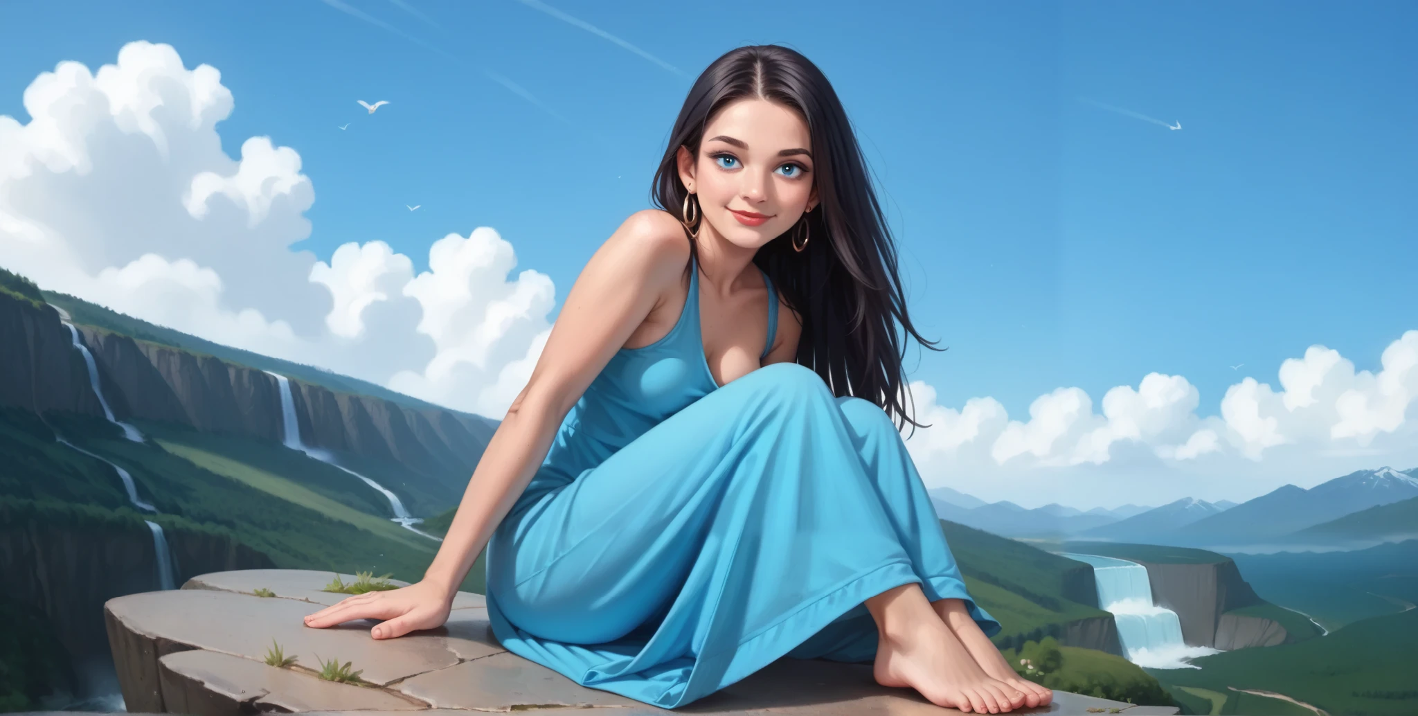 a girl sitting on the edge of a cliff, waterfall, straight black hair breasts, long hair, full body, medium breasts, round chin, detailed feet, snub nose, stuffy nose earring, long dress, covered legs, blue eyes, red lips, smile, clouds, blue sky
