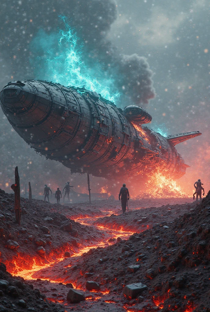 Epic crashed spaceship burning on an alien planet, hyper-realistic, cinematic scene, massive metallic wreckage engulfed in neon-blue flames, smoke and sparks erupting from shattered engines, ship's hull partially buried in crimson alien soil, violent crash landing scars on the terrain, glowing magma cracks beneath the debris, alien crystalline trees burning with ethereal fire, toxic atmosphere with ash-filled skies, holographic emergency alerts flickering, shadowy alien scavengers approaching the flames, remnants of advanced technology melting, sci-fi dystopian vibe, ultra-detailed, dramatic lighting, by Jesper Ejsing and Ian McQue, dark metallic tones with neon-orange and toxic-green highlights, 8k resolution, unreal engine 5