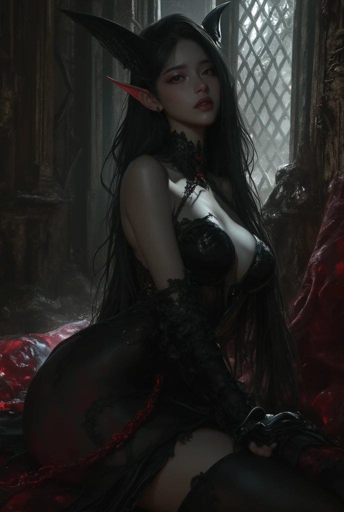 arafed woman in a red lingerie sitting on a stone floor, beautiful succubus, succubus | medieval, succubus, vampire girl, beautiful elegant demon queen, beautiful vampire queen, female vampire, gothic fantasy art, dark fantasy style art, dark fantasy horror art, dark fantasy art, deviantart artstation cgscosiety, succubus in tight short dress