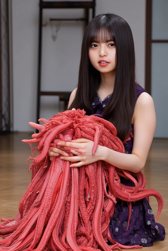 Medium Size Display, Medium Shot, Written boundary depth, bust, Upper Body, Movie angle, masterpiece, Highest quality, Very detailed, CG, 8k wallpaper, Beautiful Face, Delicate eyes, Otome, alone, smile, bangs, skirt, shirt, have, Crimson Dress, bow, petal, bouquet、Tentacles all around、woman with tentacles、Octopus、open mouth,eating