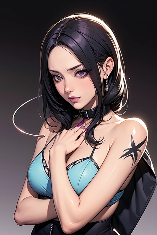 {8k image}, 1beautiful mature woman, 35 years old, pointed nose, fleshy lips, triangular face, big hair with bangs (wine), blue eyes, {looking directly at the viewer}, {facing forward}, {perfect anatomy}, {image focused only on the face}, {face portrait}, purple background