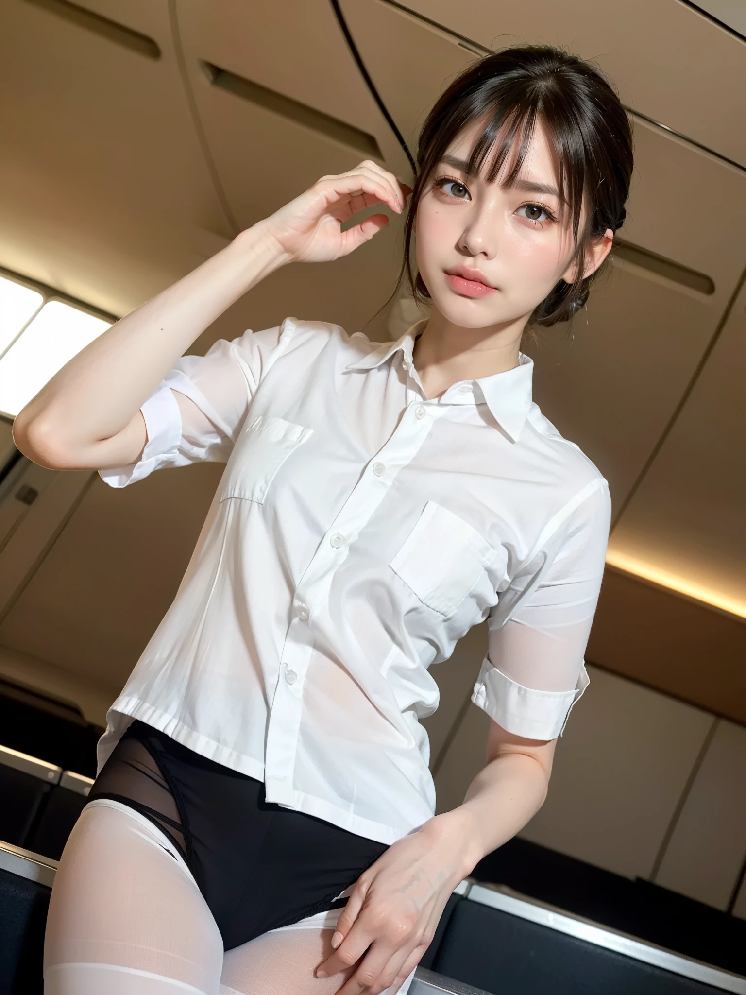 a women, factory clerk, wearing work clothes, see through thin lace blouse, skirt, panties, straddling to hit her crotch on exposed pipe, open legs, raise leg, masturbation, ecstasy, in the factory, machines, ceiling, nameplate, id card, hair up