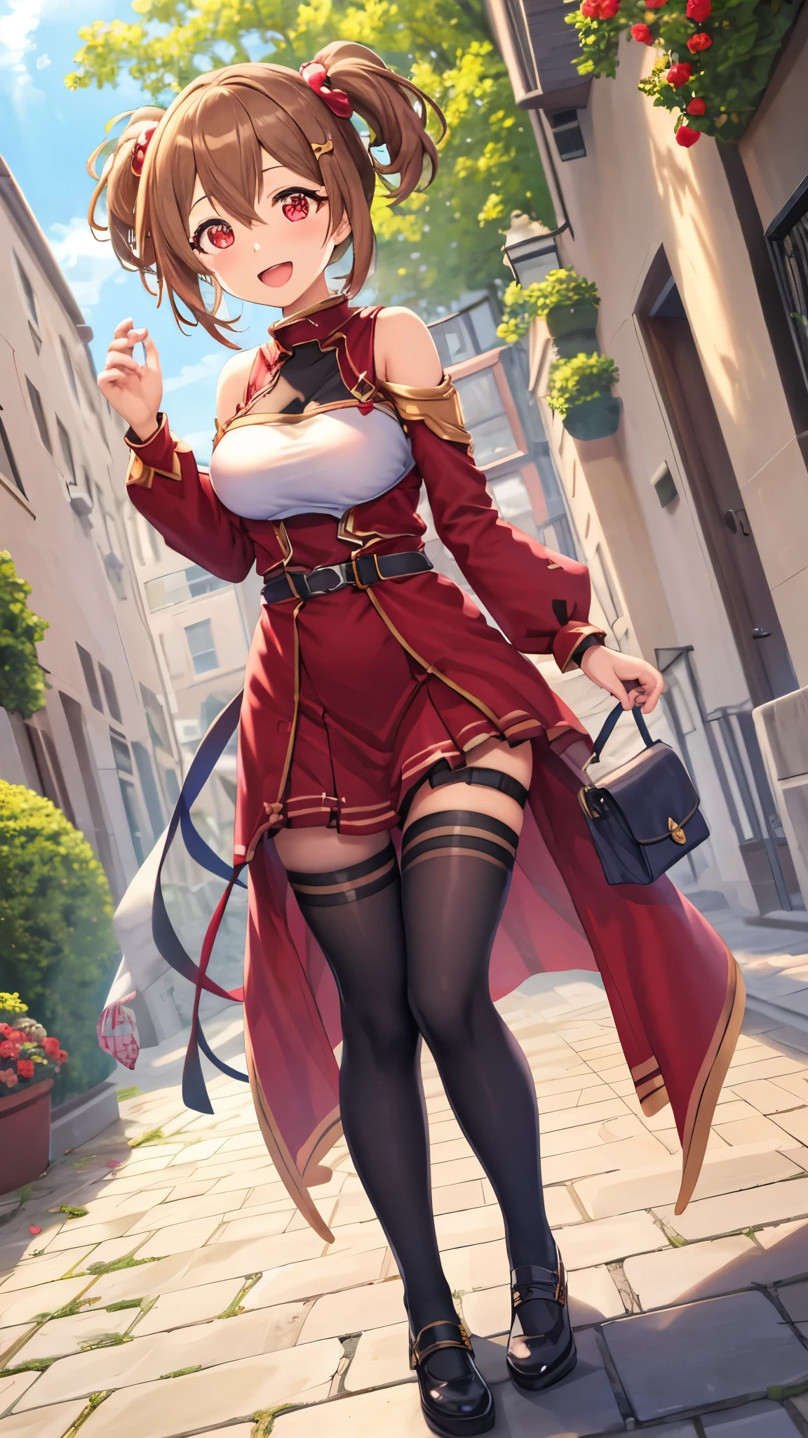 Masterpiece, Best Quality, girl, looking at viewer, Silica, Brown hair, Red Eyes, large breasts, princess connect Re:Dive cosplay, princess Dress, standing, smile, open mouth, outdoors