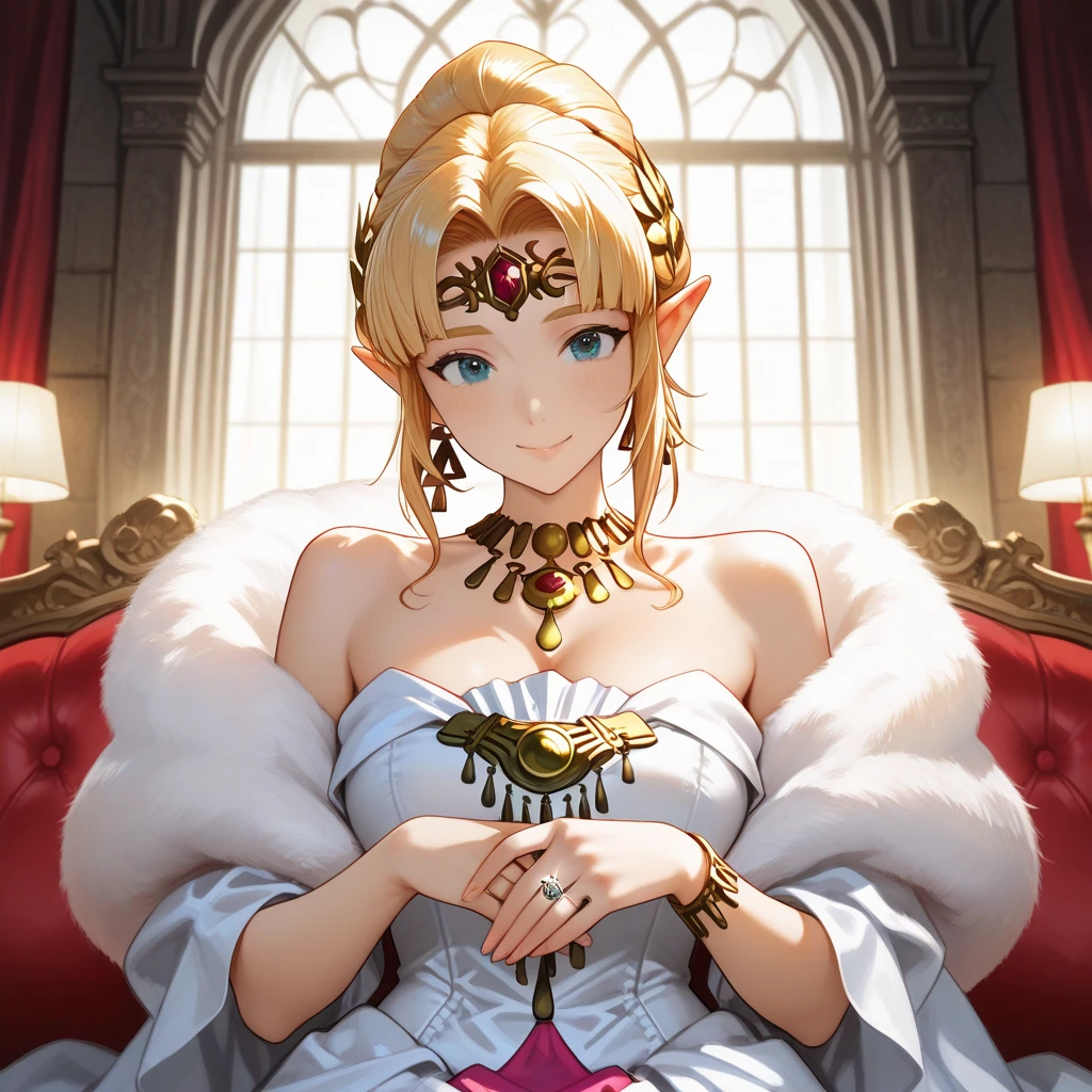high resolution、Blonde、Perm Ponytail、Princess gorgeous dress、jeweled tiara、Luxury Jewelry Necklace、Gorgeous gemstone earrings