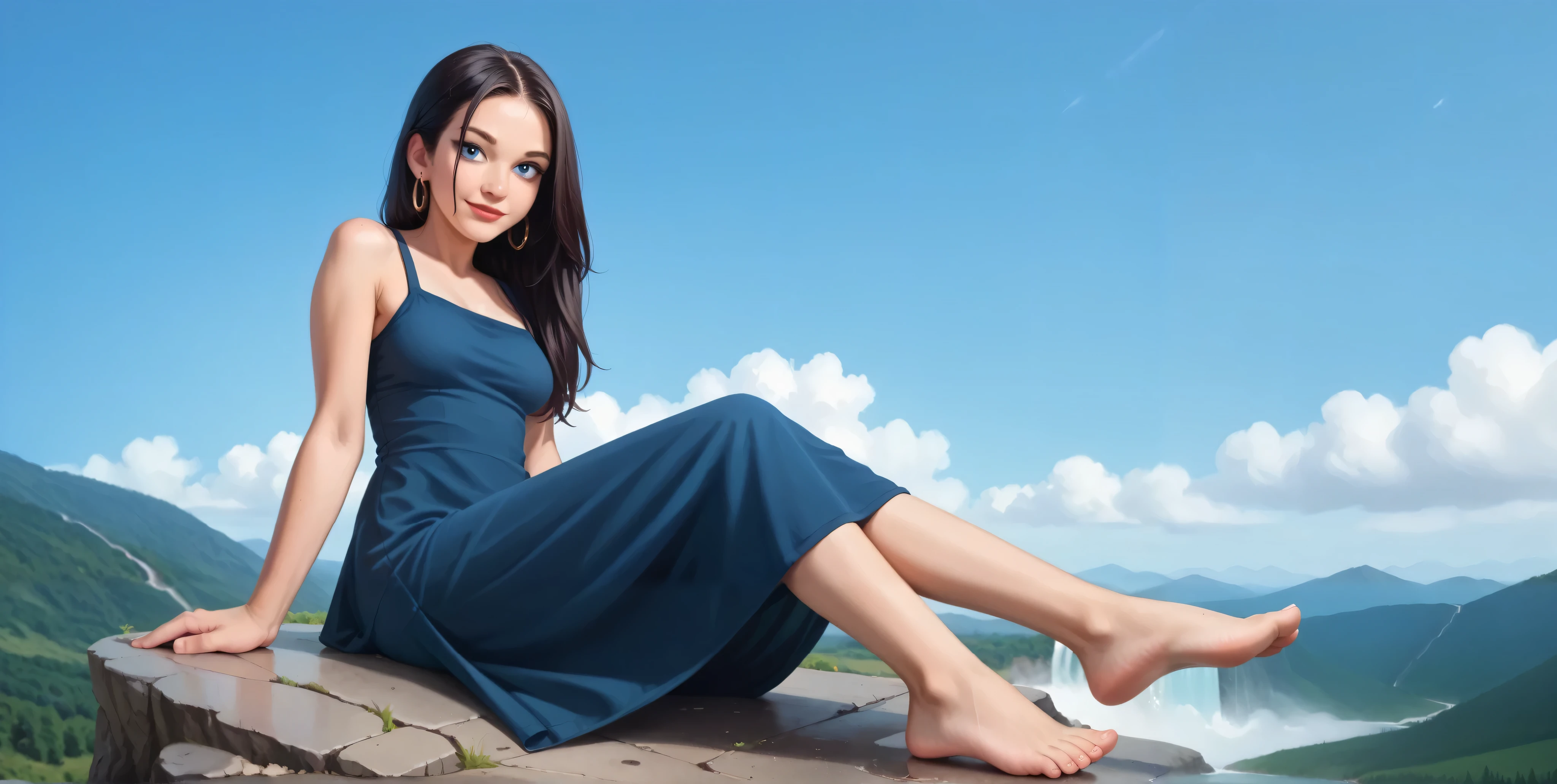 a girl sitting on the edge of a cliff, waterfall, straight black hair breasts,  long hair, full body, medium breasts, round chin, detailed feet, snub nose,  stuffy nose earring, long dress, covered legs, blue eyes, red lips, smile, clouds, blue sky