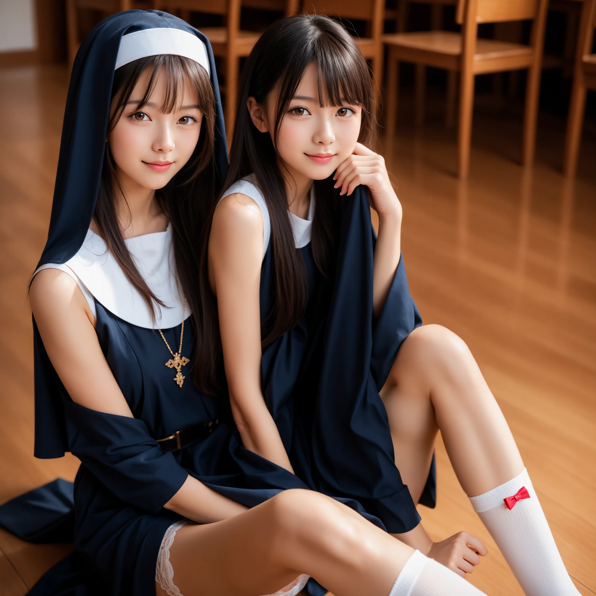 (nun headdress、In underwear、High leg、White panties with strings on the sides、White bra、Groin、Knee-high socks、ass、Black Hair、Big Ass、bedroom、Buttocks clenching、belly button)、Extremely sexy、smile、rosary necklace、Are standing、Professional Lighting、Small waist、Beautiful adult woman、Captivating thighs、Very large breasts、Cleavage、