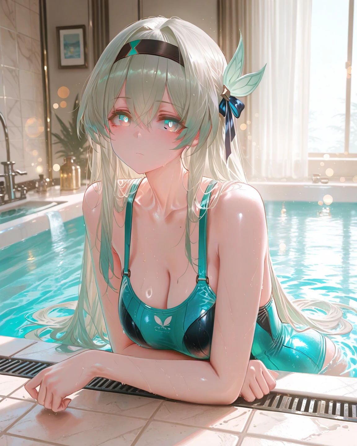 Facing forward、Cowboy Shot、The arrival of spring、pantyhose、Thick thighs、Thick thighs、Thick thighs、 (alone:1.5,)Very detailed,Bright colors, Very beautiful detailed anime faces and eyes, ,Showing her ass, Shiny_skin,girl, ((Silver Long Hair,Inner color is red 、Forehead is exposed.、Green Eyes、、Shiny hair, Delicate beautiful face, blush、(Turquoise Eyes), White skin, Valletta, Earrings,、blue flower field、(((Tight in size、See-through one-piece swimsuit、White mini skirt)))、Twin tails、smile、Happy Face、face dyed red、On all fours