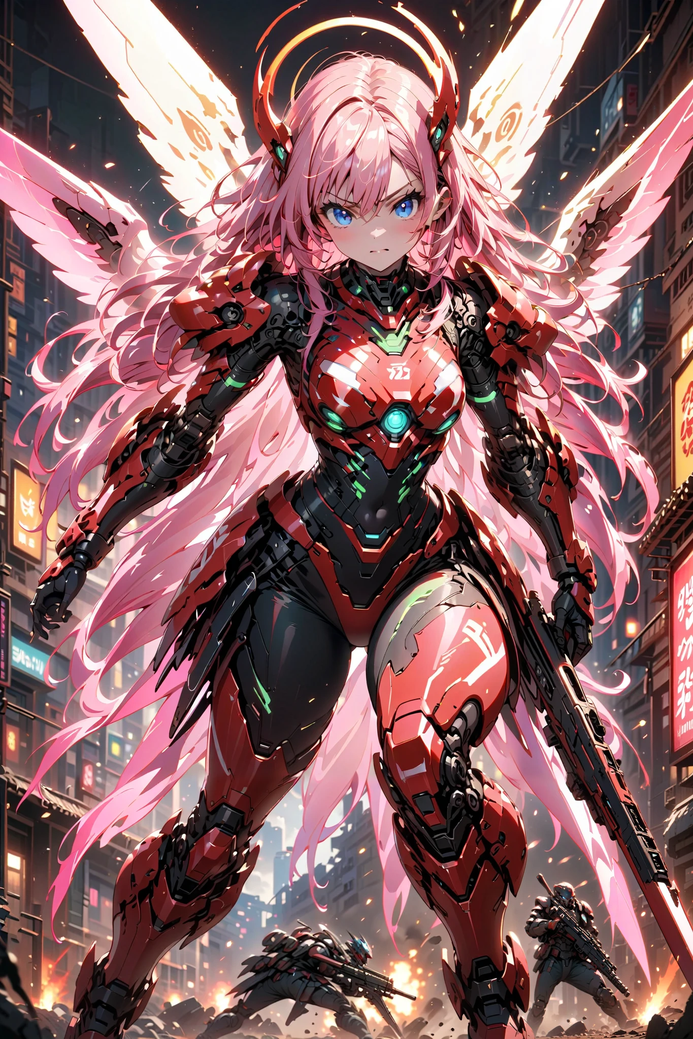 Of a woman wearing precise mechanical armor、
(1 girl), serious expression、 (白いlong hair:1.5), long hair, Blue Eyes , cute face、 Anime Screenshot 、 Full body neon tattoo 、 Big mechanical wings with neon lights 、Cybernetic Suit 、手形のあるなびく髪、(Firearms of the Near Future:1.2)、 intense expression、Intense Battle Scenes、Dramatic Lighting、bright color、Strong Strokes、dynamic pose due to high contrast 、Detailed hands and weapons、dynamic pose
Hi-Res , masterpiece, accurate, 人体解剖学的に accurate,
anime,
top quality, high image quality model, super accurate, 3d rendering,Battlefield Background、( Ancient Ruins,A city eroded by greenery:1.2)